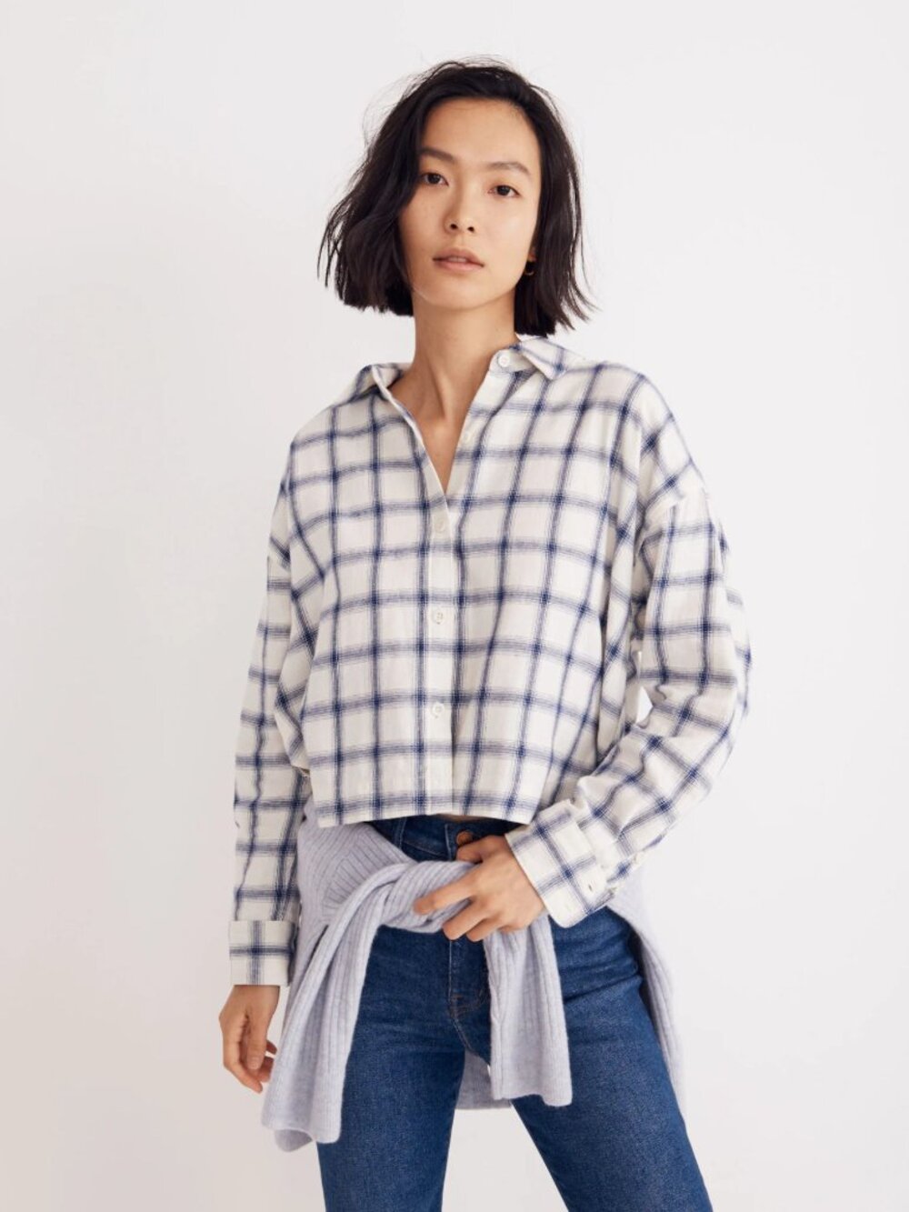 Madewell Flannel Hartfield Crop Shirt in Windowpane in Royal Blue